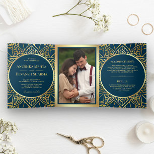 Convite Com Dobra Tripla Casamento Étnico Azul e Dourado Mandala Indiano