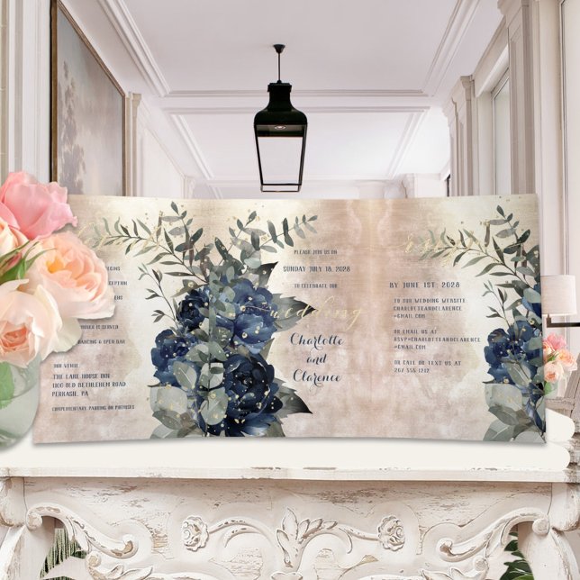 Convite Com Dobra Tripla Casamento Eucalyptus Azul, Marinho Dourado Champan (Criador carregado)