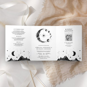 Convite Com Dobra Tripla Casamento Fases da Lua Crescente Preto Branco Cele
