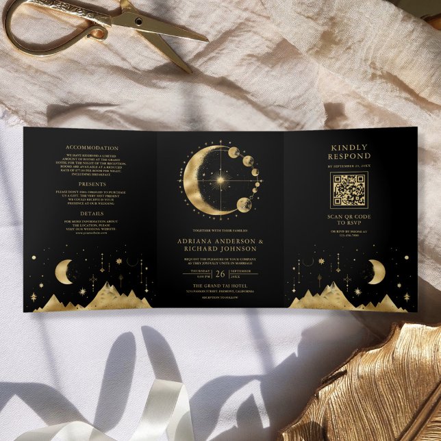 Convite Com Dobra Tripla Casamento Fases da Lua Crescente Preto Celestial D (Criador carregado)