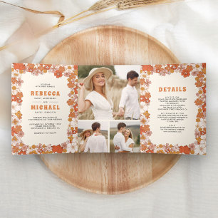 Convite Com Dobra Tripla Casamento Flor Silvestre Groovy Laranja Creme