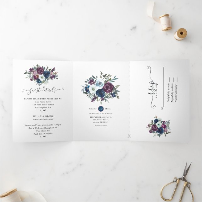Convite Com Dobra Tripla Casamento Floral Ameixa e Azul Marinho (Dentro)