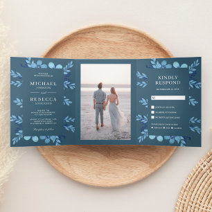 Convite Com Dobra Tripla Casamento Floral Aquarela Azul Empoeirado Tudo em