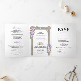 Convite Com Dobra Tripla Casamento Floral Aquarela Roxo Rústico 3 em 1
