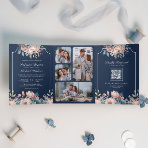 Convite Com Dobra Tripla Casamento Floral Azul e Rosa com Código QR Navy