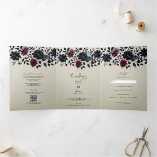 Convite Com Dobra Tripla Casamento Floral Azul Meia-Noite Borgonha Amêndoa