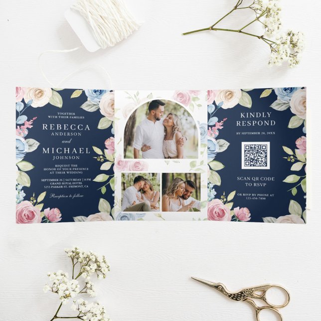 Convite Com Dobra Tripla Casamento Floral Azul Naval Código QR Primavera Su (Criador carregado)