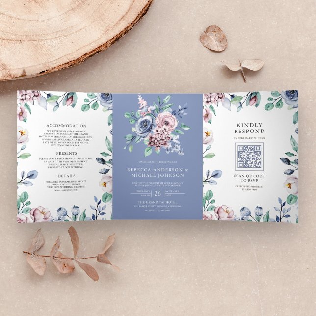 Convite Com Dobra Tripla Casamento Floral Azul Rosa Periwinkle Empoeirado C (Criador carregado)
