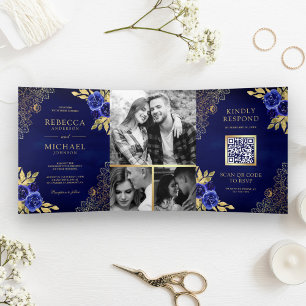 Convite Com Dobra Tripla Casamento Floral Azul Royal com Renda Dourada e Có