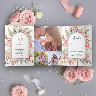 Convite Com Dobra Tripla Casamento Floral Boho de Grama de Pampas Rosa Cora