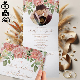 Convite Com Dobra Tripla Casamento Floral Boho Rosa e Verde