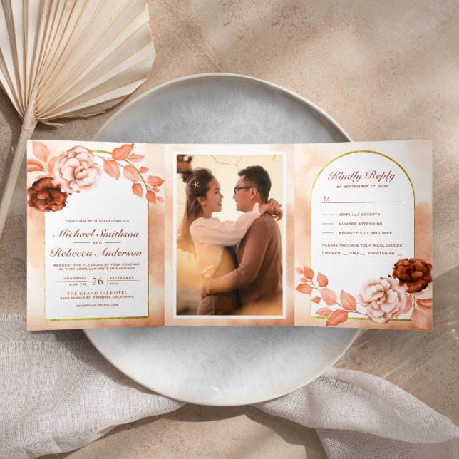 Convite Com Dobra Tripla Casamento Floral Boho Rústico Arco Tudo em Um (Criador carregado)
