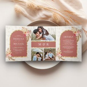 Convite Com Dobra Tripla Casamento Floral Boho Terroso Pampas Canela Rosa