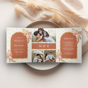 Convite Com Dobra Tripla Casamento Floral Boho Terroso Pampas Terracota