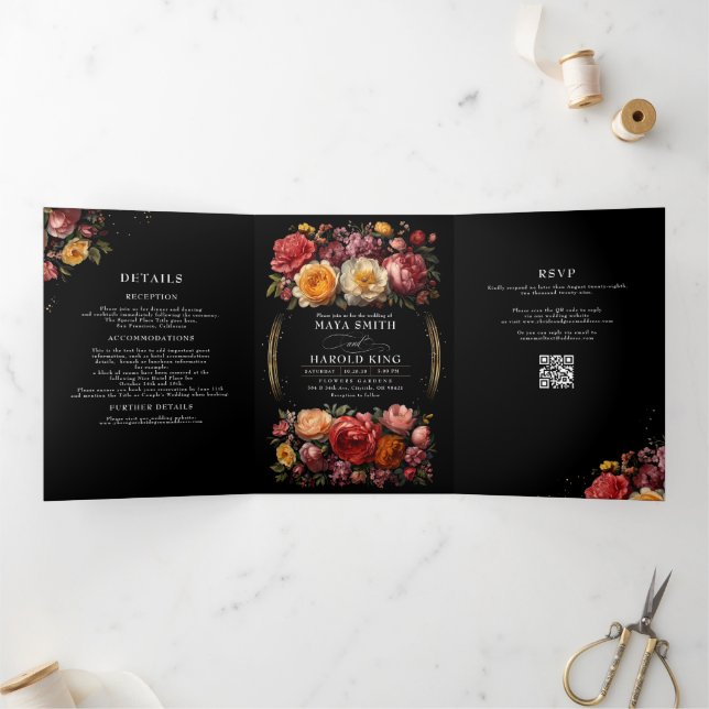 Convite Com Dobra Tripla Casamento Floral Botânico Negro Moody Luxury (Dentro)