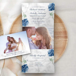 Convite Com Dobra Tripla Casamento Floral Branco Marble Dusty Hydrangea Blu