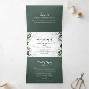 Convite Com Dobra Tripla Casamento Floral Branco Tropical Greenery