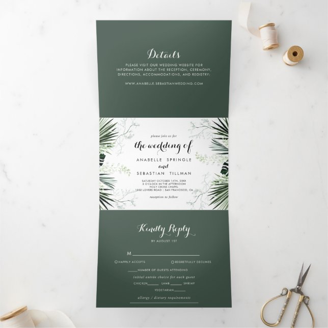 Convite Com Dobra Tripla Casamento Floral Branco Tropical Greenery (Dentro)