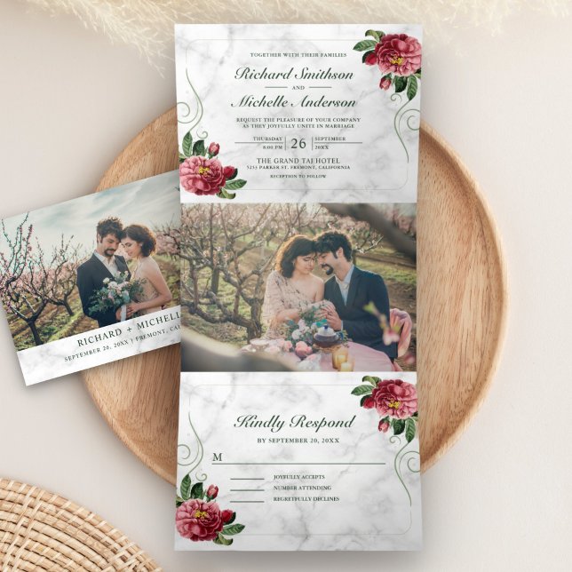 Convite Com Dobra Tripla Casamento Floral com Hydrangea, Rosa-Rústica Branc (Criador carregado)