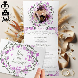 Convite Com Dobra Tripla Casamento Floral com Lavanda Rosa e Peônia Roxa