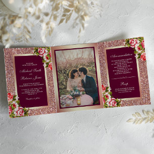 Convite Com Dobra Tripla Casamento Floral Cor-de-Rosa Cor-de-Cinza-Brilhant