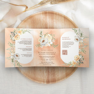 Convite Com Dobra Tripla Casamento Floral de Água Cor de Pêssego Terroso co