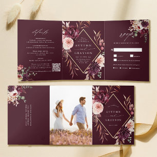 Convite Com Dobra Tripla Casamento Floral de Berundy Autumn Romance Waterco