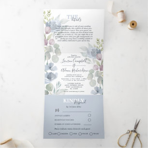 Convite Com Dobra Tripla Casamento Floral de Eucalipto Rústico em Azul Poei