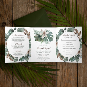 Convite Com Dobra Tripla Casamento Floral de Folhas Tropicais Aquarela Rúst