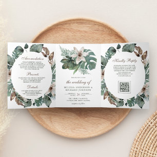 Convite Com Dobra Tripla Casamento Floral de Folhas Tropicais em Aquarela c