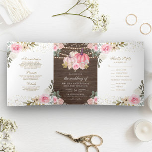 Convite Com Dobra Tripla Casamento Floral de Madeira de Abóbora Rosa Rústic