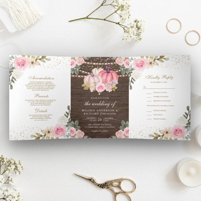 Convite Com Dobra Tripla Casamento Floral de Madeira de Abóbora Rosa Rústic (Criador carregado)