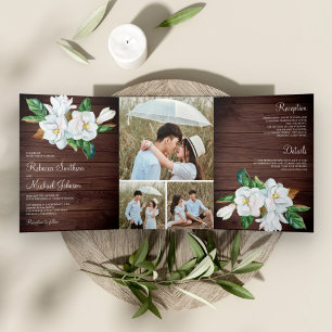 Convite Com Dobra Tripla Casamento Floral de Madeira de Celeiro Magnólia Br