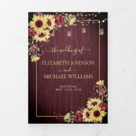 Convite Com Dobra Tripla Casamento Floral de Madeira Rústica Sunflower Burg