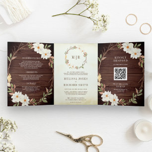 Convite Com Dobra Tripla Casamento Floral de Magnólia em Madeira de Celeiro