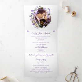 Convite Com Dobra Tripla Casamento Floral de Orquídea Roxo Lilac Peony