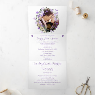 Convite Com Dobra Tripla Casamento Floral de Orquídea Roxo Lilac Peony