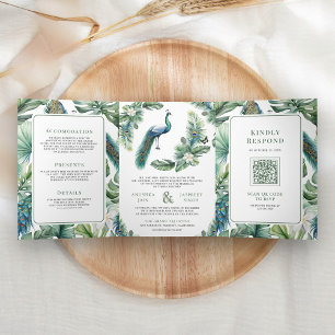 Convite Com Dobra Tripla Casamento Floral de Pavão Indiano Tropical Tudo em