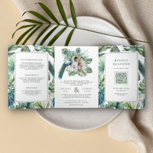 Convite Com Dobra Tripla Casamento Floral de Pavão Indiano Tropical Tudo em