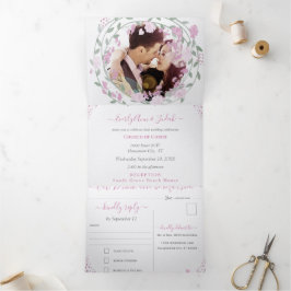 Convite Com Dobra Tripla Casamento Floral de Peônia Rosa Elegante