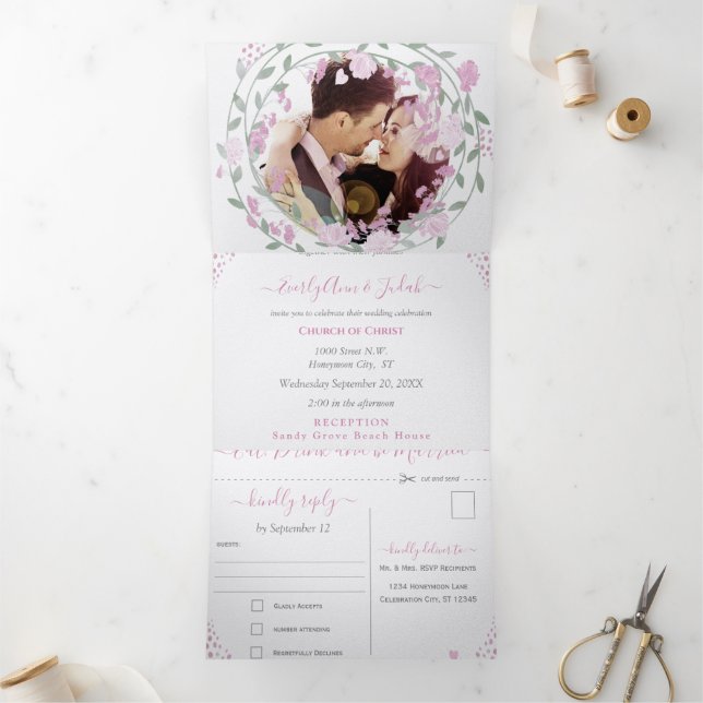 Convite Com Dobra Tripla Casamento Floral de Peônia Rosa Elegante (Dentro)