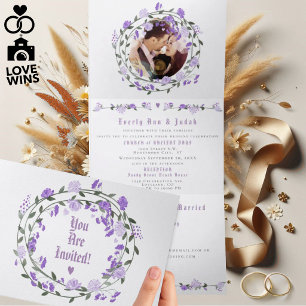 Convite Com Dobra Tripla Casamento Floral de Peônia Roxa Elegante Dobre-Trê