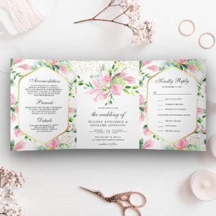 Convite Com Dobra Tripla Casamento Floral de Primavera com Magnólia Rosa Tu