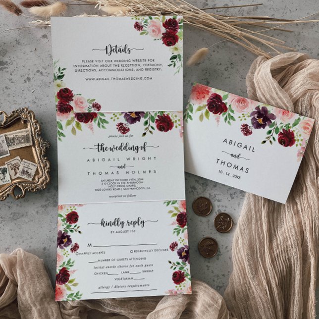 Convite Com Dobra Tripla Casamento Floral de Primavera Púrpura Rosa Burgund (Criador carregado)