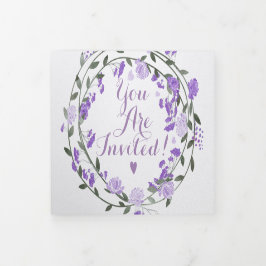 Convite Com Dobra Tripla Casamento Floral de Púrpura Elegante