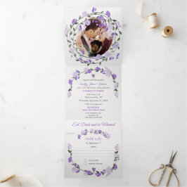 Convite Com Dobra Tripla Casamento Floral de Púrpura Elegante