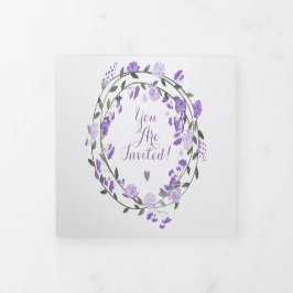 Convite Com Dobra Tripla Casamento Floral de Púrpura Elegante