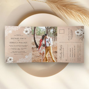 Convite Com Dobra Tripla Casamento Floral de Renda Rústica Country em Marfi