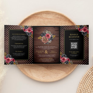 Convite Com Dobra Tripla Casamento Floral de Rosas Pretas da Borgonha em Ma