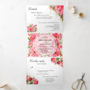 Convite Com Dobra Tripla Casamento Floral de Watercolor